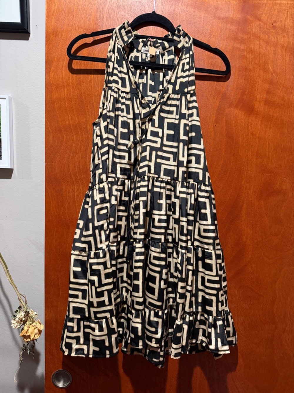 Geometric Print Tiered  Dress — Black, Cream, & Gold
